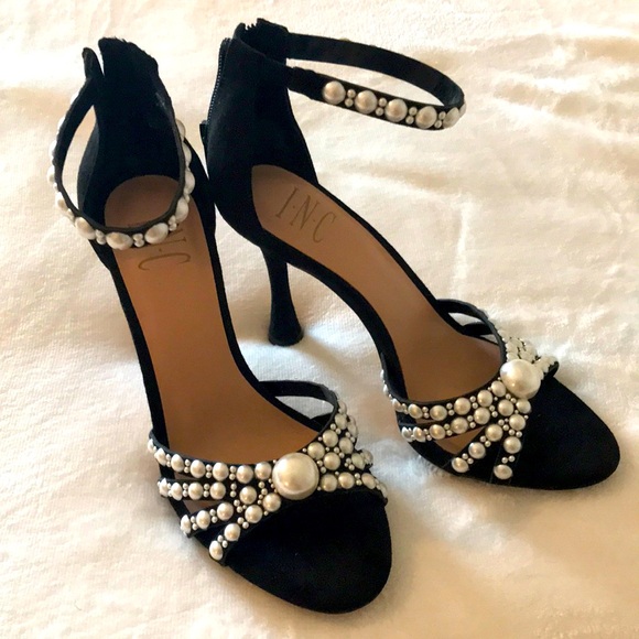 Macy's Shoes - INC, Ladies Black Suede and Pearl, Ankle Wrap Heel. Size 6.5. NEW